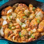 Garlic dijon chicken in a skillet.