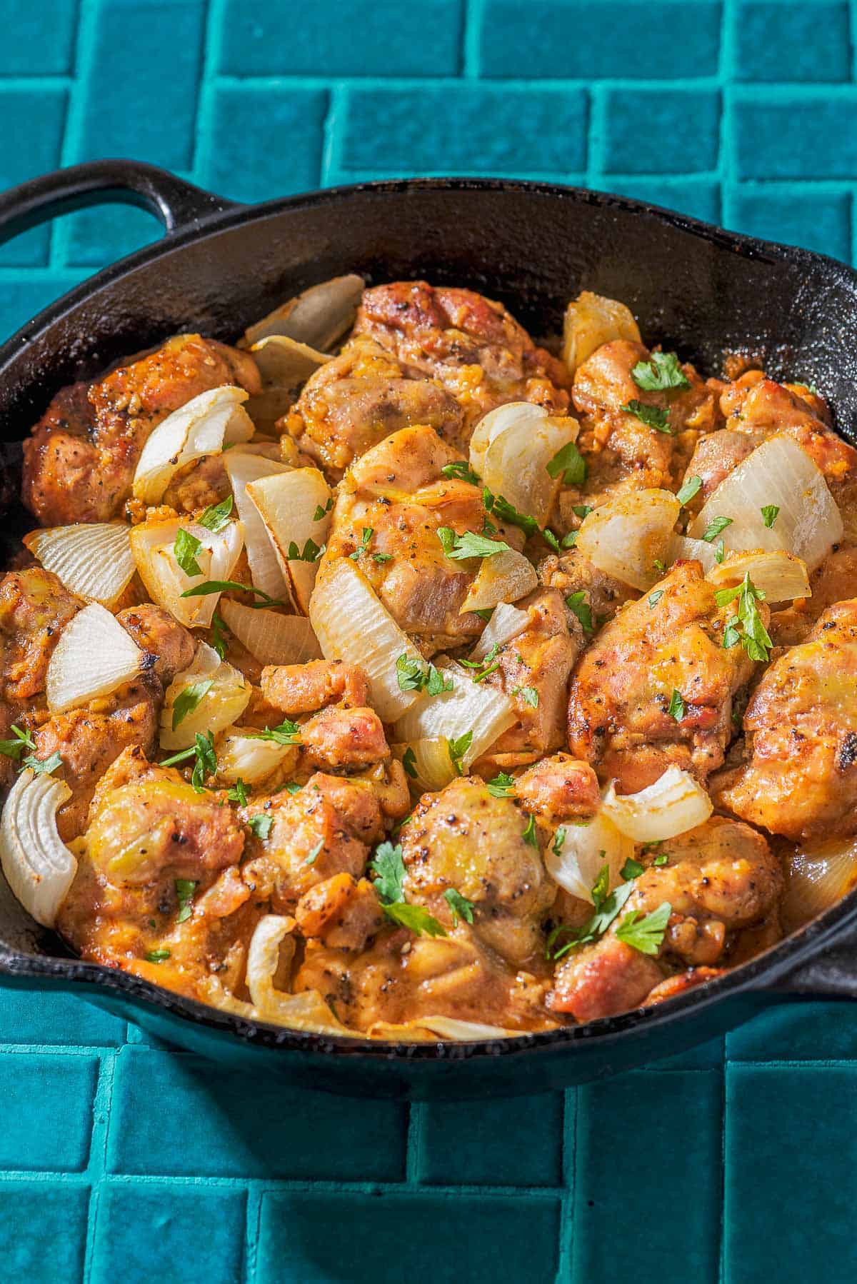 Garlic dijon chicken in a skillet.