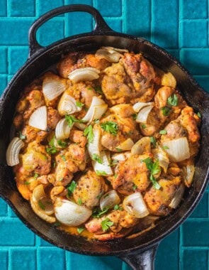 Garlic dijon chicken in a skillet.