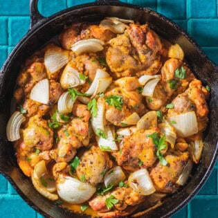 Garlic dijon chicken in a skillet.