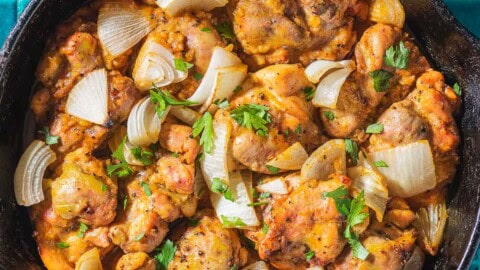 Garlic dijon chicken in a skillet.