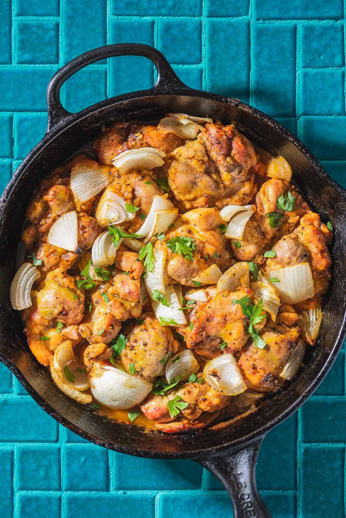 Garlic dijon chicken in a skillet.