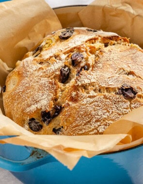 A close up of a baked loaf of olive bread in a parchment lined dutch oven.