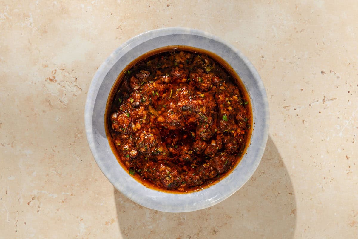 An overhead photo of the seasoning rub for the pork loin in a bowl.