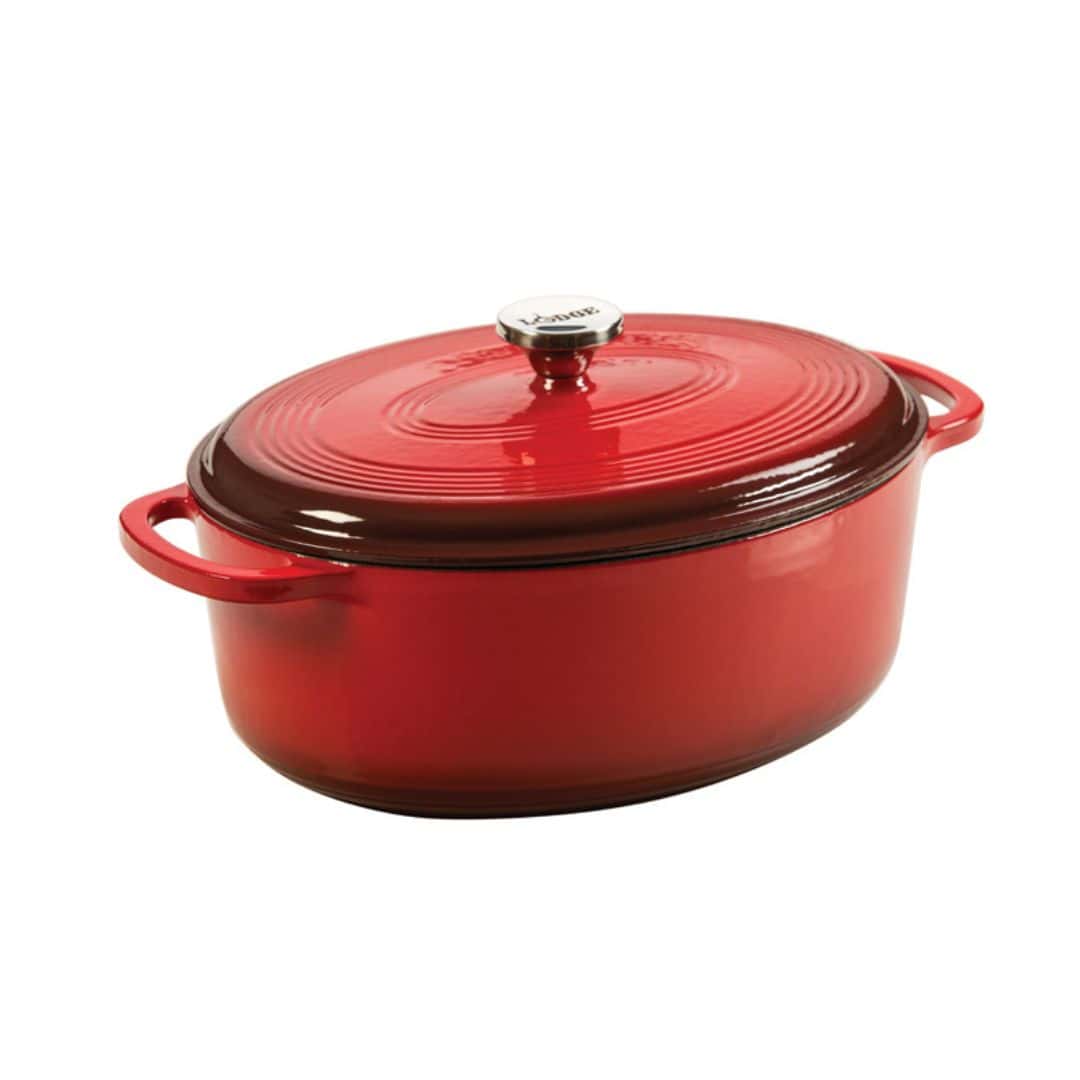 Image of the red Oval Cast Iron Pan from lodge.