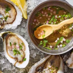 Several raw oysters with mignonette sauce on a bed of ice on a tray with lemon wedges and a bowl with the rest of the sauce and a spoon.