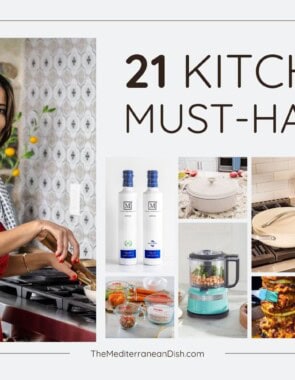 Collage of Suzy in her kitchen with some of her favorite products, including olive oil, za'atar, pans, choppers, and measuring cups.