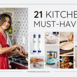 Collage of Suzy in her kitchen with some of her favorite products, including olive oil, za'atar, pans, choppers, and measuring cups.