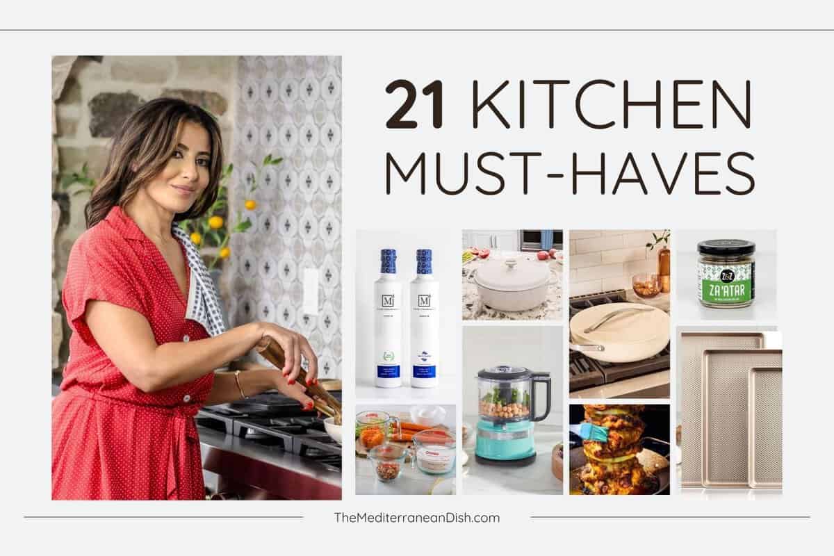 Collage of Suzy in her kitchen with some of her favorite products, including olive oil, za'atar, pans, choppers, and measuring cups.