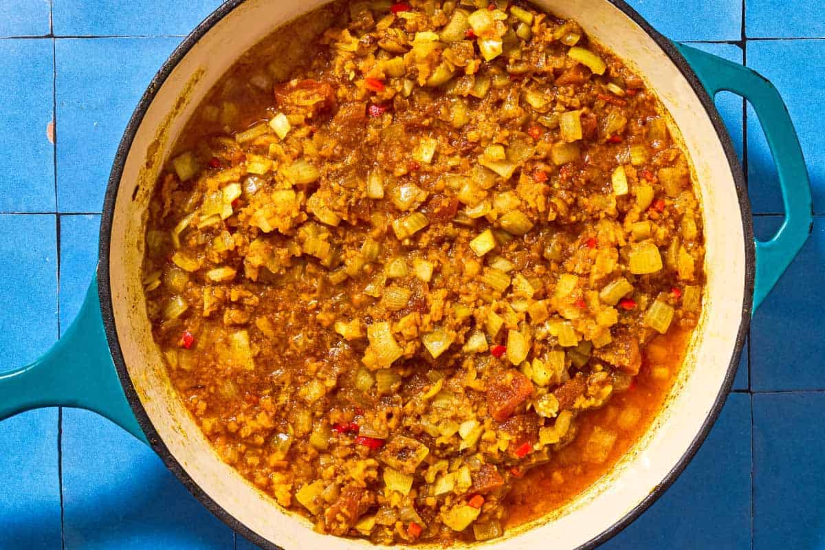 An overhead photo of the apricot sauce in skillet.