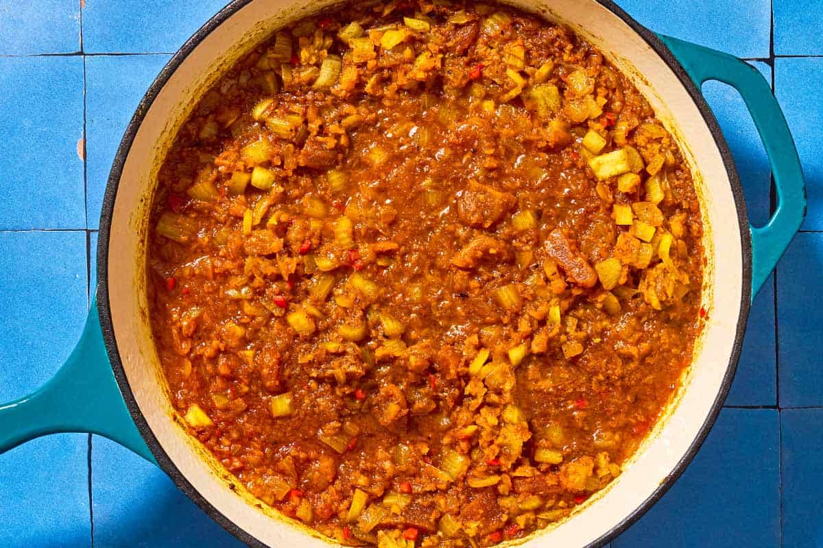 An overhead photo of the apricot sauce in skillet.