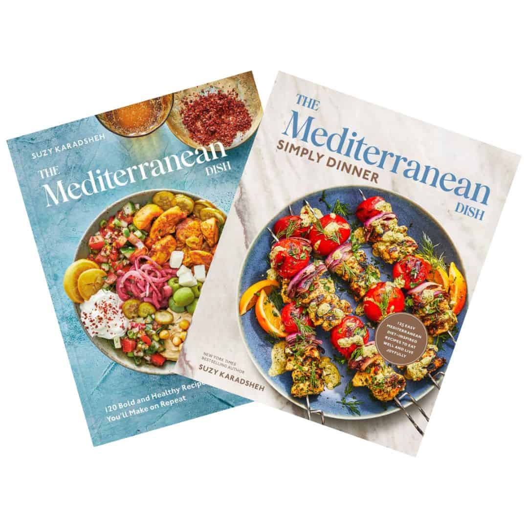 Collage of the Mediterranean Dish cookbook and the Mediterranean Dish Simply Dinner cookbook.