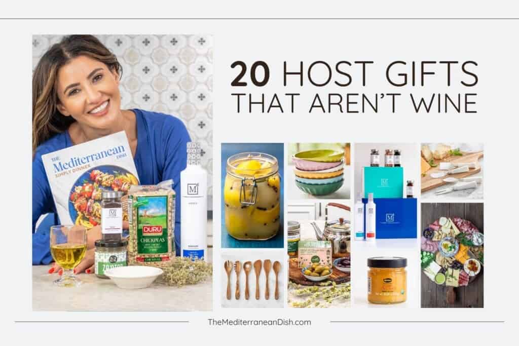 Image of woman with dark hair holding a cookbook with a collage f other images of olive oil, preserved lemons, spoons, honey and words that say 20 Host and Hostess Gifts that Aren't Wine