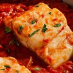 A close up of a tomato sauce poached cod fillet.