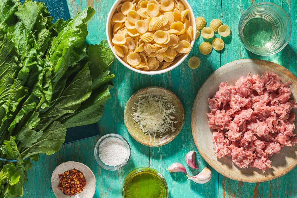 Ingredients for orecchiette with sausage and broccoli rabe including orecchiette pasta, broccoli rabe, Italian turkey sausage, olive oil, white wine, garlic, red pepper flakes, sea salt, and grated pecorino romano.