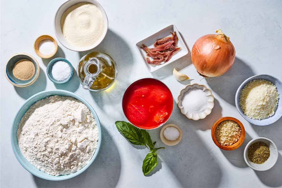 Ingredients for sfincione sicilian pizza including active dry yeast, white sugar, 00 flour, semolina flour, sea salt, olive oil, anchovy filets, garlic, onion, whole peeled tomatoes, white sugar, basil, grated pecorino cheese, dried oregano and bread crumbs.