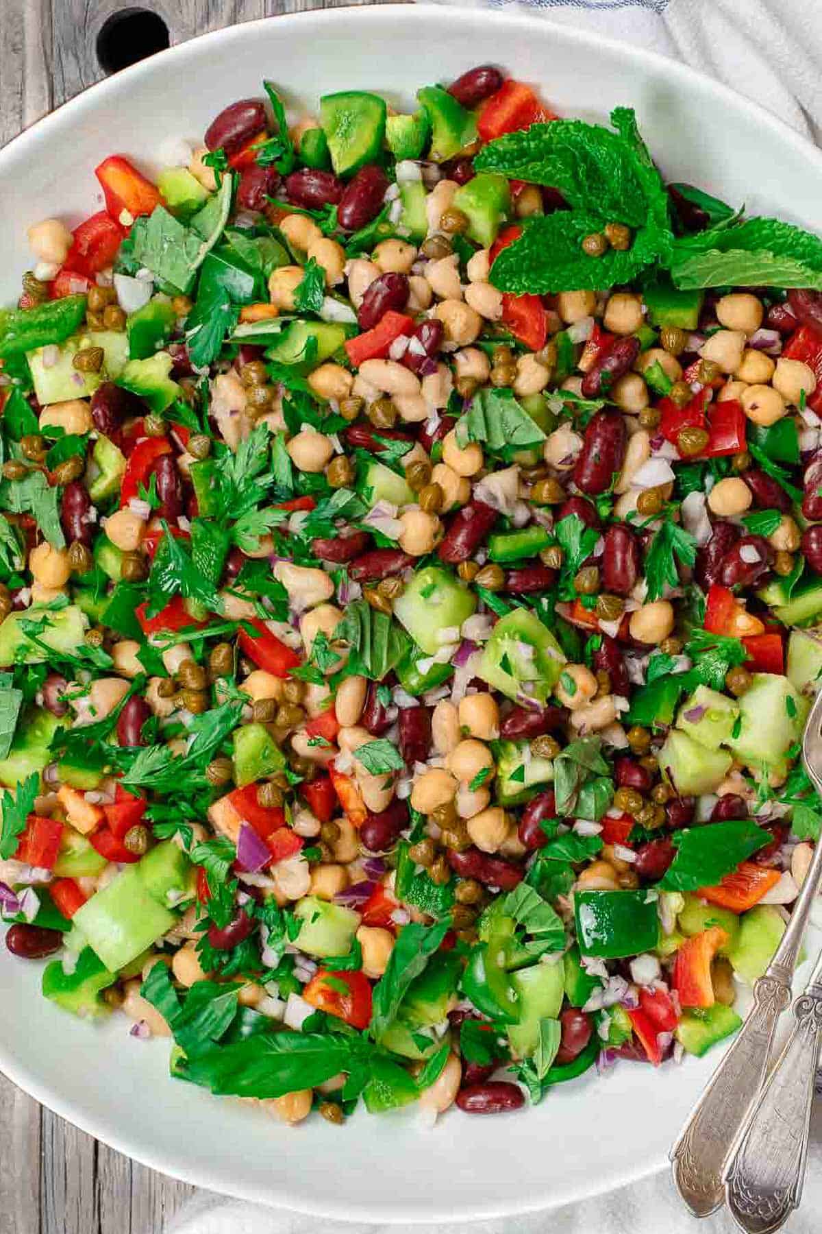 An overhead photo of a Mediterranean three bean salad in a serving bowl.