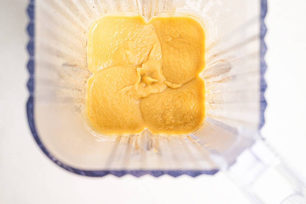 An overhead photo of the revithosoupa Greek chickpea soup after being blended in a blender.