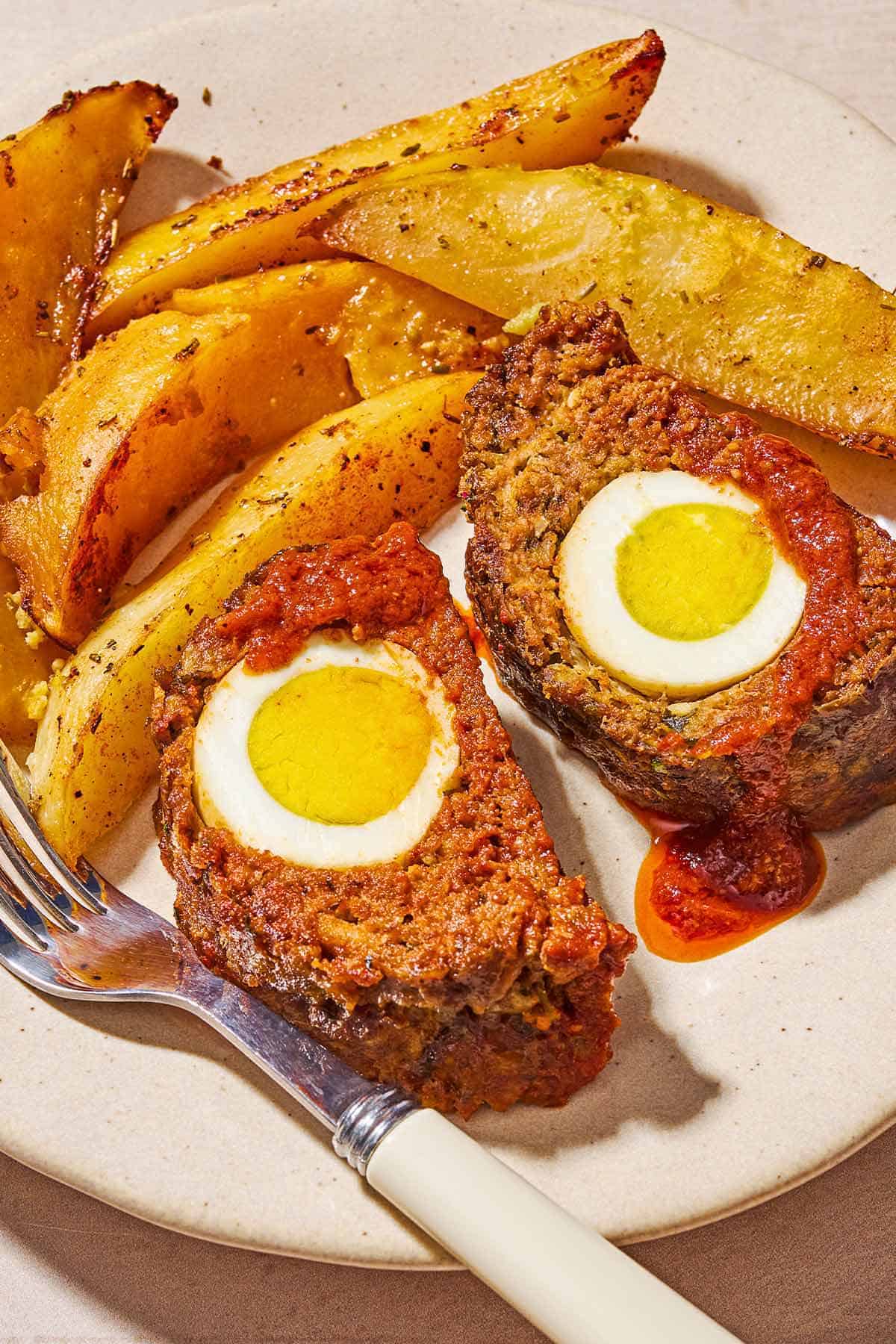 A close up of two slices of the greek meatloaf with hard boiled eggs and sauce on a plate with greek potato wedges and a fork.