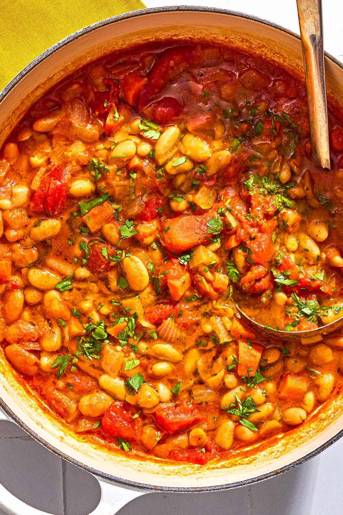 White bean stew in a large pot with a ladle.