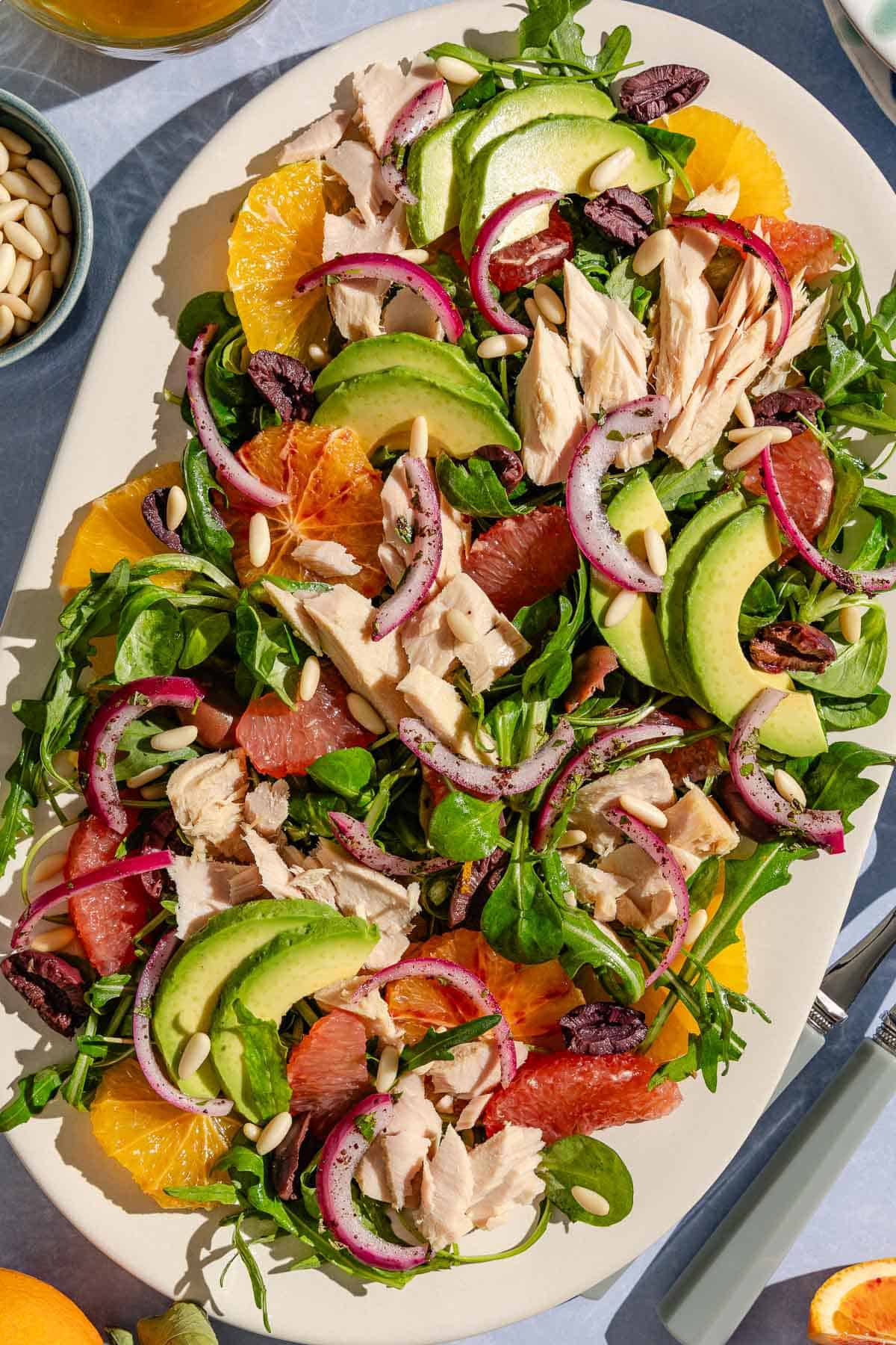 Avocado tuna salad on a platter.