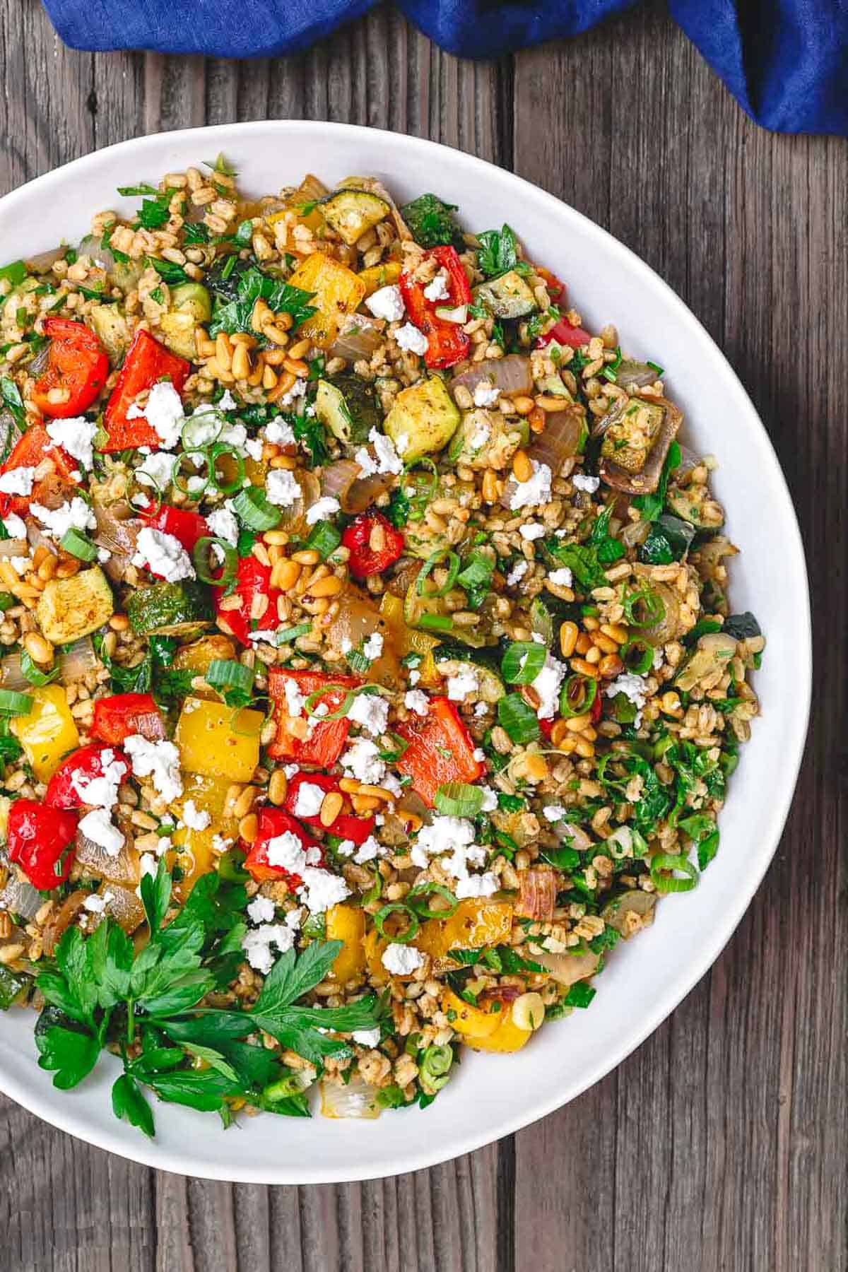 The roasted vegetables barley recipe in a bowl.