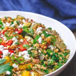 The roasted vegetables barley recipe in a bowl.