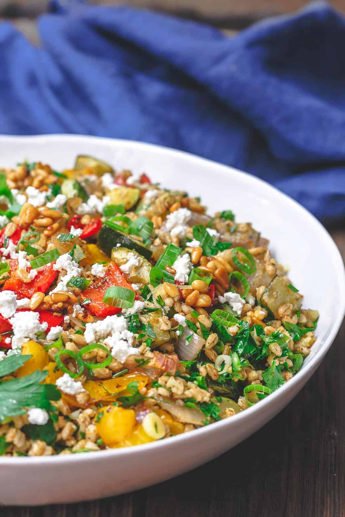 The roasted vegetables barley recipe in a bowl.