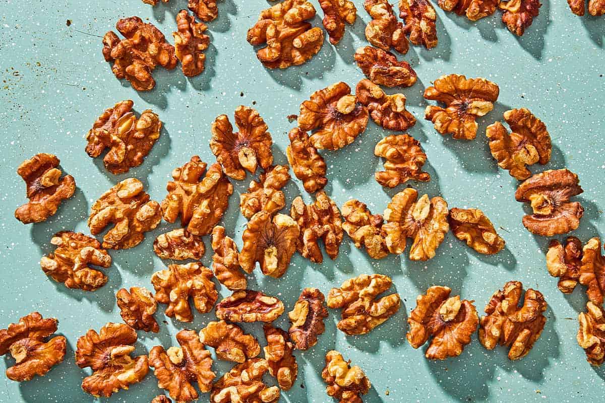 A close up of toasted walnuts.