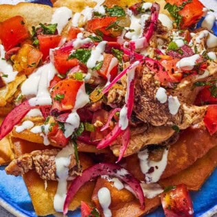 A serving of chicken nachos on a plate.